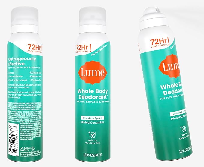 Lume Invisible Spray Deodorant For Women - Whole Body Deodorant Spray - 72Hr Odor Control - Ozone Friendly - Aluminum Free & Baking Soda Free - Skin Loving, Low Irritation - 1pk (Minted Cucumber)