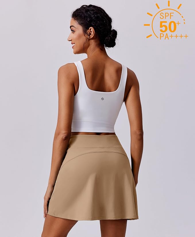PINSPARK 17" Golf Skorts for Woman High Waisted Tennis Skirt with 4 Pockets | Lightweight, Quick Dry, 4-Way Strecth, Breathable, Tummy Control, UPF 50+ Athletic Skort for Workout, Pickleball, Gym, Casual