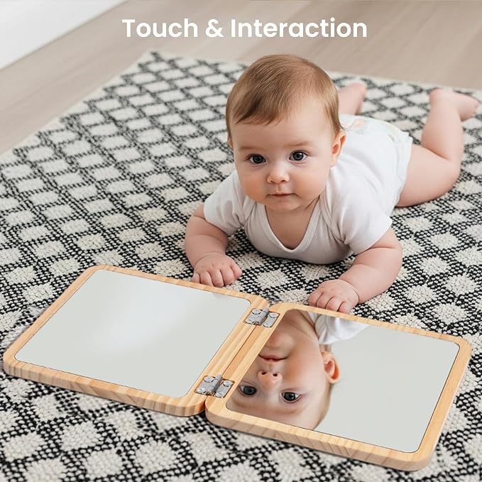 Woodtoe Tummy Time Mirror for Babies, 0-180° Adjustable Angle Floor Mirror, Baby Mirror with 15 Educational Cards, Shatterproof Baby Safe Mirror Toy, Montessori Gift for Boy Girl 0-6 Months