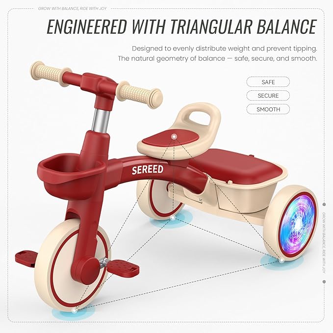 SEREED Colorful Lighting Toddler Tricycle for 2-5 Years Old Boys Girls, Adjustable Seat&Handlebar Trike, Removable Basket, Birthday Gift Idea for Kids Ages 2+ (Red)