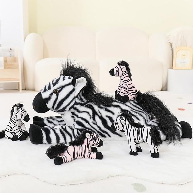 Tezituor 5-in-1 Zebra Stuffed Animals Family Set, 25 inch Realistic Mommy Stuffed Zebra with 4 Cute Babies, Large Black and White Horse Plush Pillow for Boys Girls