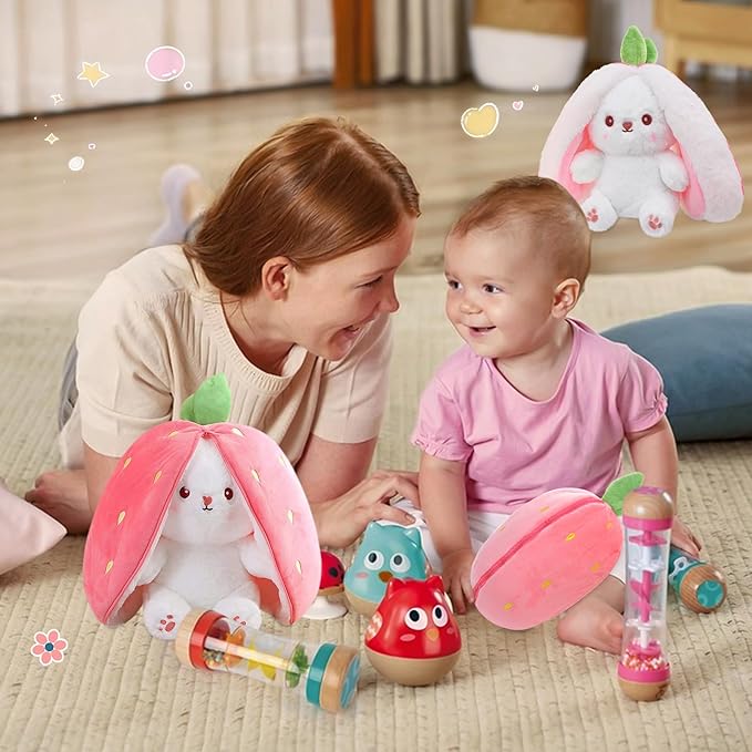 MIAODAM Easter Bunny Stuffed Animal, Carrot and Strawberry Bunny Plush Turn Into Rabbit Fruit Doll, Plushies Funny Bunny Toy for Baby (Strawberry Rabbit, 10inch)