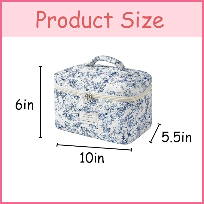 uekeboag Large Travel Quilted Makeup Bag for Women, Floral Cotton Cosmetic Bag, Coquette Aesthetic Floral Toiletry Organizer Bag