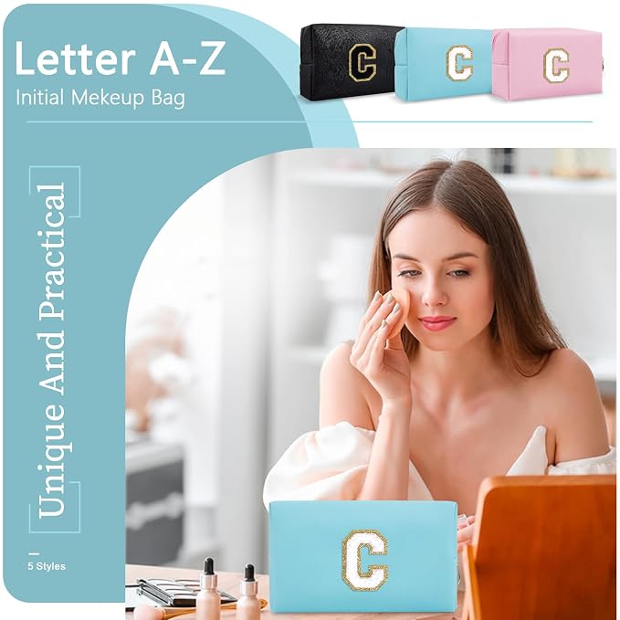 Small Personalized Initial A-Z Preppy Patch Makeup Bag,PU Chenille Letter Travel Cosmetic Pouch with Zipper,Blue Cute Toiletry Bag,Gift Ideal for Teen Girls Women Teacher Bridesmaid,Letter C