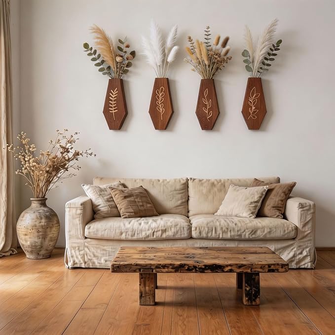 Wood Wall Vase 4 Pack, Modern Farmhouse & Boho Wall Decor Wooden Hanging Planter Set, Minimalist Mounted Vase for Living Room, Entryway, Hallway, Bathroom, Dining Room(Brown)