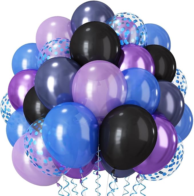 Black Purple Blue Balloon, 60 PCS Outer Space Balloons, 12Inch Metallic Navy Blue Purple Black Balloon Pearl Purple Blue Confetti Latex Balloons for Kids Boys Astronaut Space Birthday Party Decoration