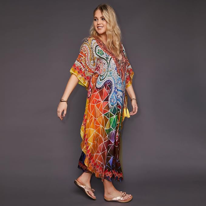Venasha Womens Caftan Floral Print Kaftan Dress Short Sleeve Swimsuit Cover up Loungewear for Summer