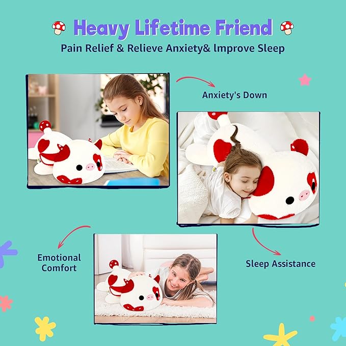 Onsoyours Original Weighted Mushroom Cow Stuffed Animals, 4.0 lbs Weighted Plush for Stress Relief - 20" Large Soft Cow Pillow Gifts for Kids & Adults