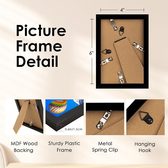 FIXSMITH 4x6 Picture Frame, Black Photo Frames with HD Plexiglass for Wall Hanging or Tabletop Display, 1 Pack