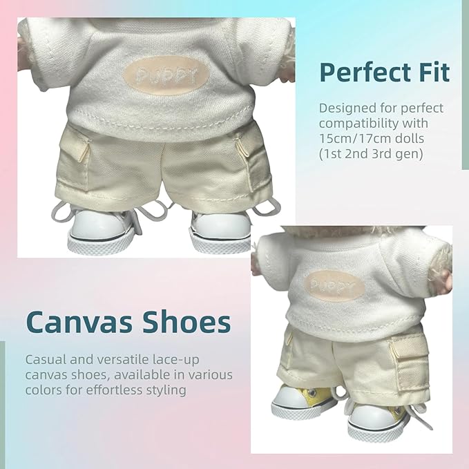 2 Pairs 17cm Doll Shoes, Lace-Up Canvas Sneakers Mini Shoes for 17cm Dolls, Fingerboard Shoes, Mini Finger Shoes, Clothing Accessory for 6.7in Dolls (White & Yellow)
