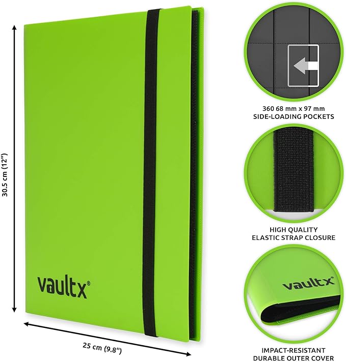 Vault X 9 Pocket Standard Strap Binder, Holds 360 Trading Cards in 20 Side-Loading Pages (Green)