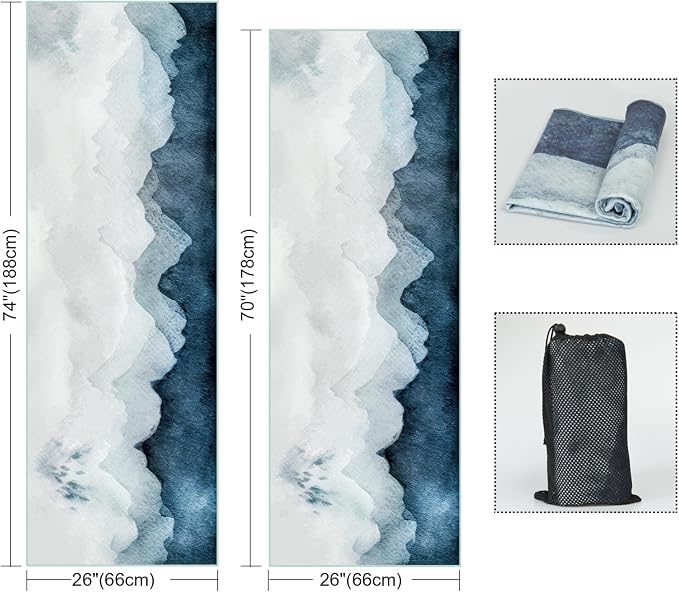 QIYI Large Yoga Mat Towel with Corner Pockets, Non Slip Sweat Absorbent Hot Yoga Towels, Soft Yoga Blankets with Travel Bag, Skidless Mat Cover for Workout, Gym, Fitness - 74"x26", Watercolor Mountain