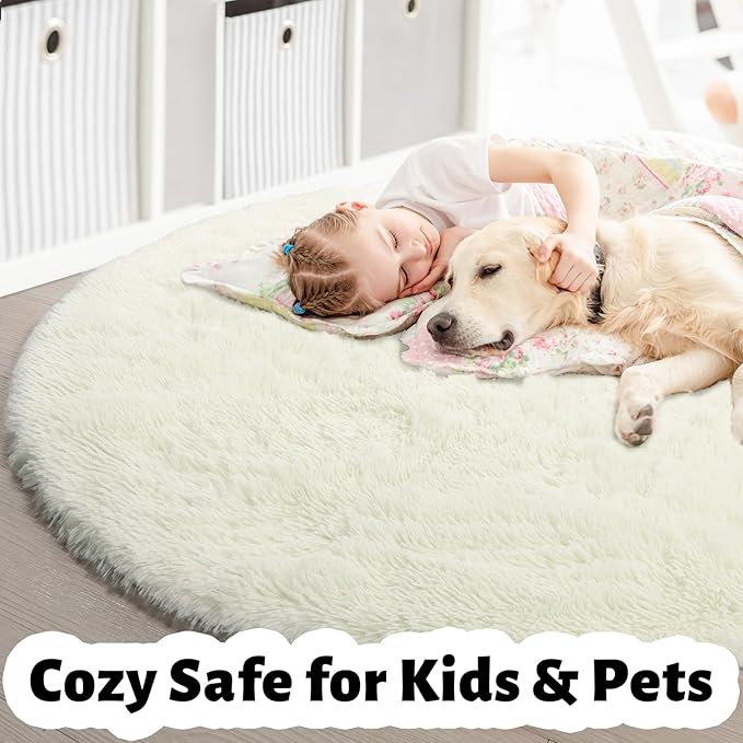 Amdrebio Ivory White Small Round Rug 3Ft for Kids Bedroom Aesthetic, Fluffy Fuzzy Furry Circle Area Rugs for Living Room, Circular Plush Soft Shaggy Cream Carpet for Baby Nursery Dorm Teen Girls Boys