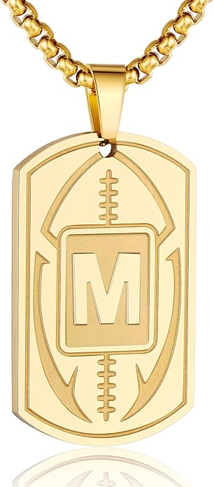 Initial A-Z Dog Tag Necklace for Men - Football Charm Pendant, Stainless Steel Chain 22+2 Inches, Personalized Sports Athletes Jewelry Gift