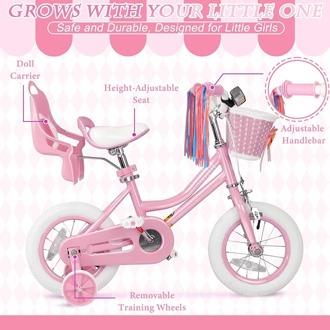 KORIMEFA Girls Bike for Ages 2-8 Years Toddler Kids with Doll Seat, 12 14 16 Inch Bicycle with Training Wheels, Little Small Princess Bicycle with Basket& Streamers, Girls Pedal Bike