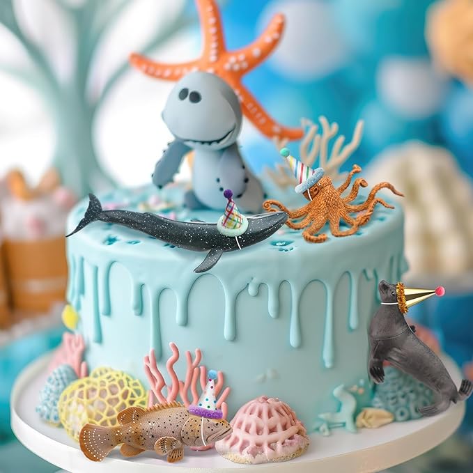 18 Pcs Sea Animal Birthday Party Decorations Mini Birthday Hat Animal Figure Model Cake Toppers with Mini Hat for Animals Themed Party
