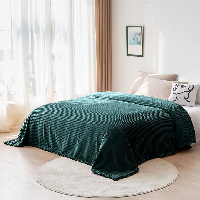 DISSA Fleece Blanket Throw Size – 51x63, Green – Soft, Plush, Fluffy, Fuzzy, Warm, Cozy – Perfect Throw for Couch, Bed, Sofa - with Pompom Fringe - Flannel Blanket Throw Blanket