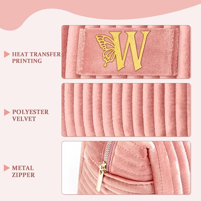 COSHAYSOO Travel Makeup Bag Quilted Make Up Pouch Initial Velvet Cosmetic Case with Butterfly Decorations for Women Cosmetics Complexion Skincare Products Tools Accessories Organizer Pink Letter W
