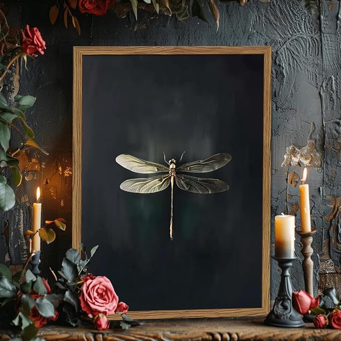Dark Academia Dragonfly Wall Art Vintage Bug Wall Decor Pictures Whimsical Nature Insect Poster Canvas Print Moody Dragonfly Painting Artwork for Bedroom Living Room 12x16 inch Wood Framed
