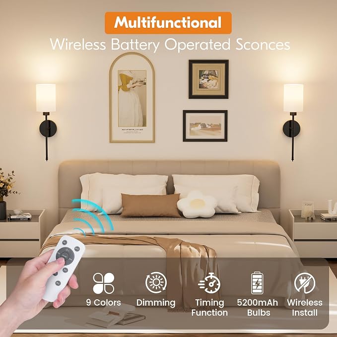 20.67 inch Battery Operated Wall Sconce Set of 2, Black Rechargeable Wall Lights with 10400mAh Dimmable Bulbs and Remote, 9 Colors Wireless Wall Lamps for Bedroom Living Room Hallway