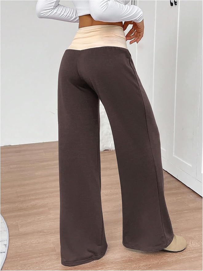 SOLY HUX Women's Sweatpants Color Block Low Rise Fold Over Waist Baggy Wide Leg Pants