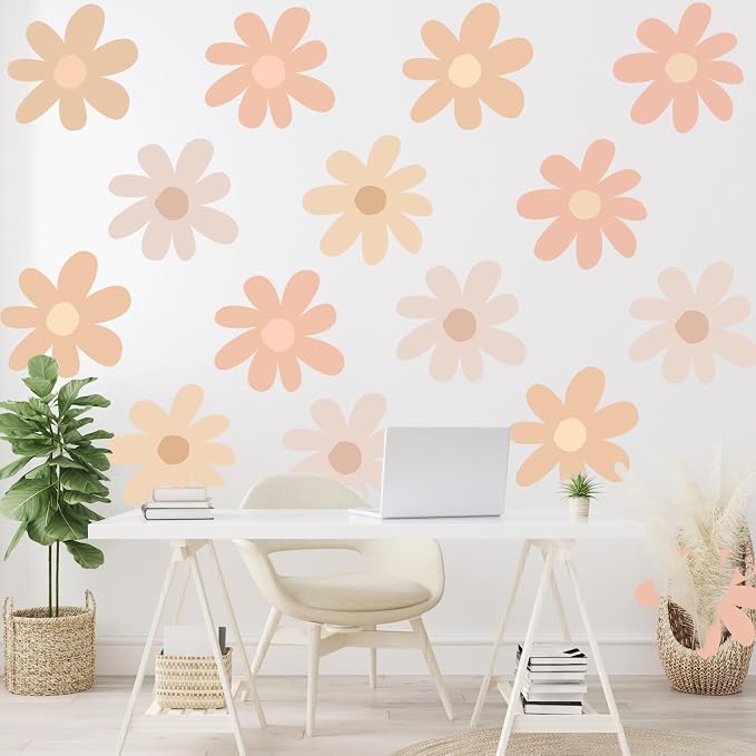 TaoBary 12 Sheet Daisy Wall Sticker Decal,Light Color,Bobo Style | Big Flower Wall Sticker, Pink White Floral Decal, Daisy Bedroom Room Decor, Removable Peel and Stick, Nursery Home Wall Decor