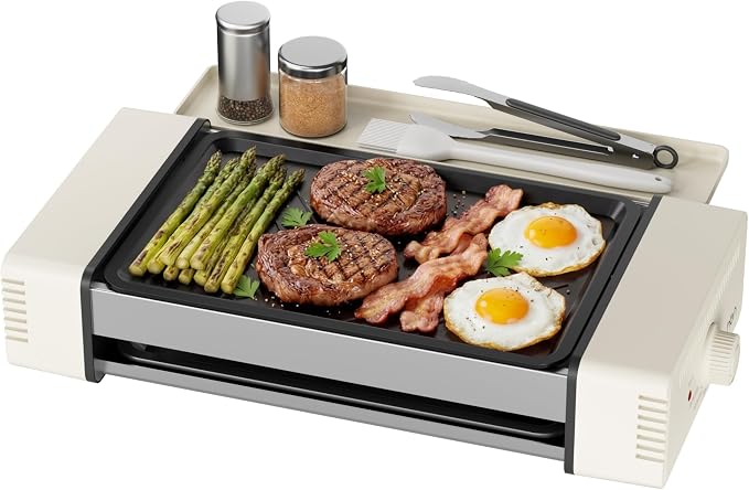 HBN Indoor Grill and Electric Griddle, 3-in-1 Smokeless Indoor Grill with Grill Rack & Nonstick Griddle & Sausage Grill Korean BBQ grill for Kitchen, Dishwasher Safe, 400F (Beige)