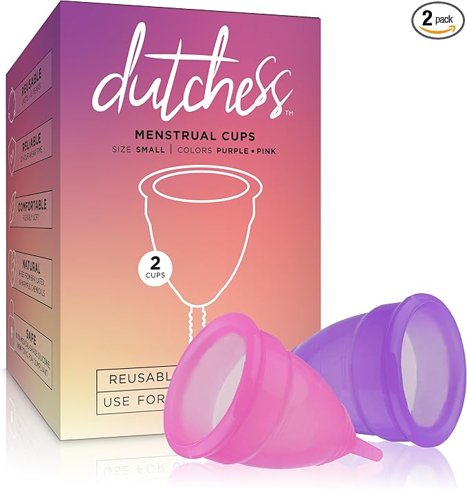 Dutchess Large Menstrual Period Cups for Women + Storage Pouch, Pack of 2 Pink & Purple Soft Medical-Grade Silicone Reusable Feminine Care Tampon & Pad Alternative, Easy to Clean - Camping, Sports