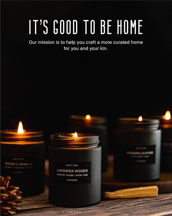 Craft & Kin Premium Smoky Fireside Scented Candle – Long Lasting, 45 Hour Burn Time – Luxury Black Natural Soy Scented Candle for Men with Wood Wick – Room Decor and Aromatherapy – 7.6 oz