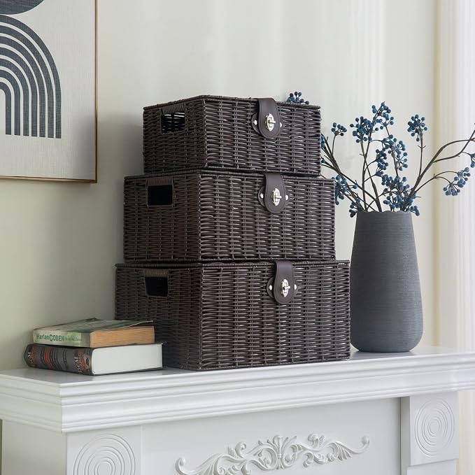 Set of 3 Woven Wicker Storage Basket Box with Lids & Lock, Built-in Carry Handles, Multifunctional Storage Organizer for Nursery, Baby, Clothes, Toys, Books, Large/Medium/Small Size (Brown)