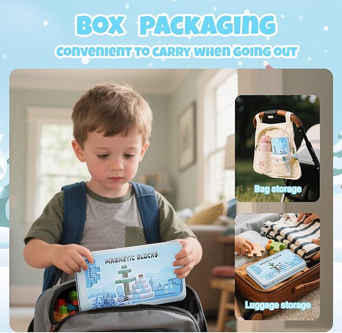 Mini Magnetic Cubes STEM Winter Set for Kids Ages 3-5, 35PCS Educational Travel Building Toys with Magnetic Tin Box, Birthday Gift for Boys & Girls 4-8, Preschool Brain Development Activities