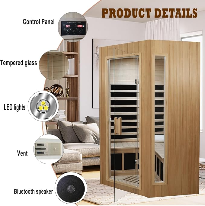 Kanlanth 2-3 Person Sauna, Low EMF Infrared Saunas for Home, 1,670Watt, Side Glass Window Indoor Sauna with Rapid Heating 5 Carbon Panels, LED Reading Lamp, Bluetooth, Control