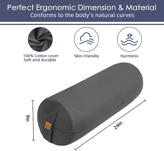 Organic Buckwheat Bolster(24X9 in) Yoga Bolster Supportive Yoga Cushion for Restorative Yoga Accessories Meditation Pillow Reading Pillow Floor Pillow Large Round Cylinder