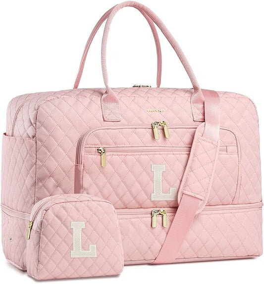Initial Travel Duffle Bag for Women - Pink Personalized Weekender Bags Overnight Bag with Shoe Compartment & Wet Pocket Weekend Tote Bags with Toiletry Bag Monogram Xma Gifts (Letter L)