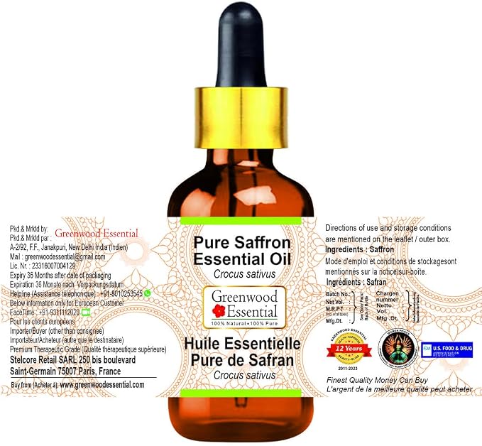 Greenwood Essential Pure Saffron Essential Oil (Crocus sativus) with Glass Dropper Steam Distilled 5ml (0.16 oz)