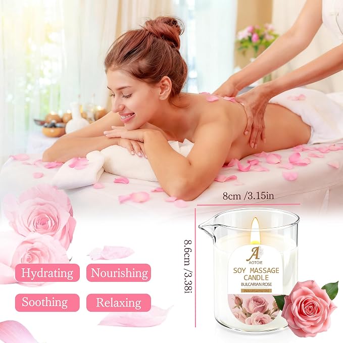 Massage Oil Candle 8.1 OZ for Massage Therapy and Skin Moisturizing,Natural Body Safe Soybeans Massage Oil Candles,Rose Scented Candles for Couples, Romantic Gift Scented Candles for Home SPA