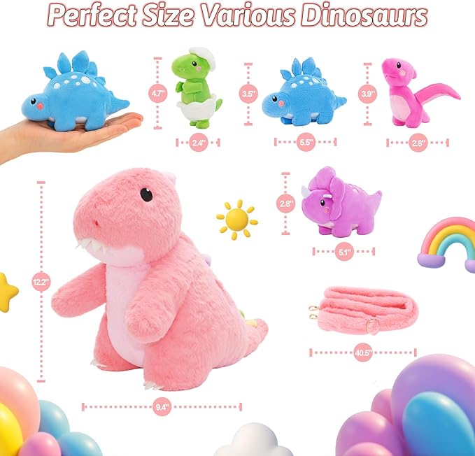 OUOZZZ Pink Dinosaurs Stuffed Animals with 4 Babies Inside - Girl Dinosaur Toy for Girls Dinosaur Plush Birthday Toddler with Shoulder Strap