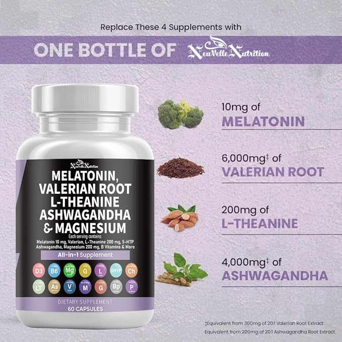 Melatonin Capsules with Valerian Root, Ashwagandha, L-Theanine, Magnesium, 5-HTP, GABA, Chamomile, Lemon Balm, Passion Flower, Griffonia Extract, Vitamin C & L-Glycine Supplement