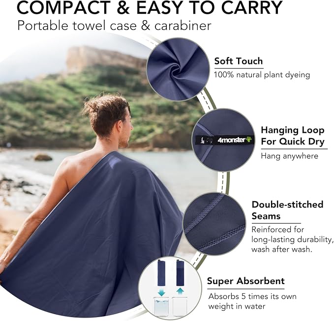 4Monster Quick Dry Travel Towel with Case & Carabiner – Super Absorbent Microfiber Gym & Camping Towel. Compact, Lightweight, Fast Drying for Beach, Swimming, Hiking, Backpacking