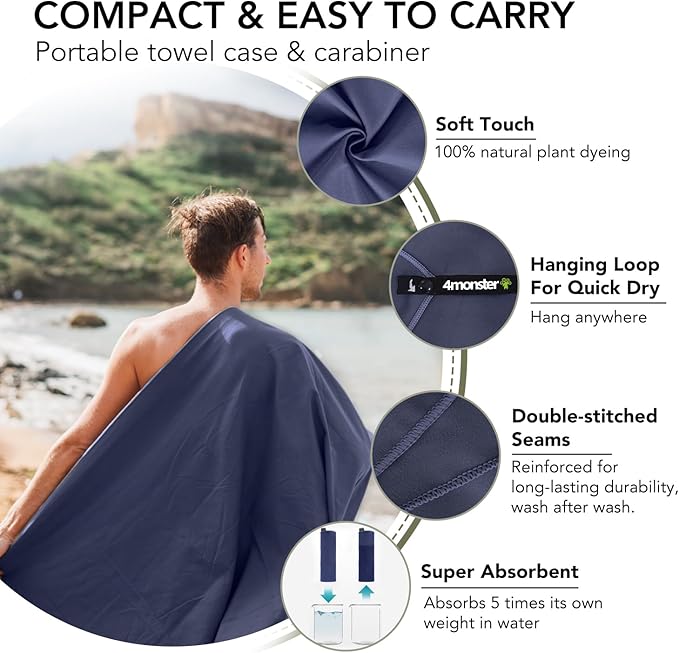 4Monster Quick Dry Travel Towel with Case & Carabiner – Super Absorbent Microfiber Gym & Camping Towel. Compact, Lightweight, Fast Drying for Beach, Swimming, Hiking, Backpacking