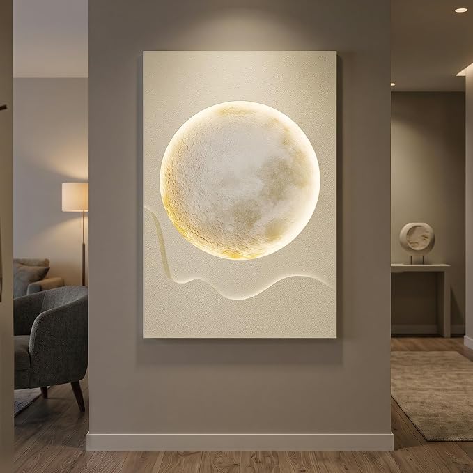 Cuspin Large Modern Minimalist White 3D LED Moon Wall Art 24x36 In | Warm lighted wall art, Cream tones wall decor, Lunar pictures, Soft textured wall art for living room bedroom dining room