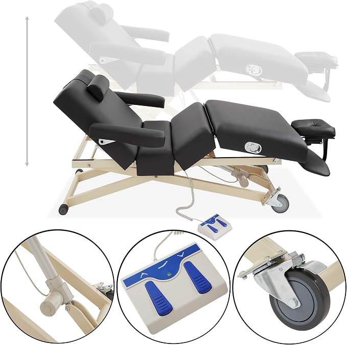 Saloniture Professional 4-Section Electric Lift Massage Table - Includes Armrest, Headrest, Face Cradle and Bolster - Black