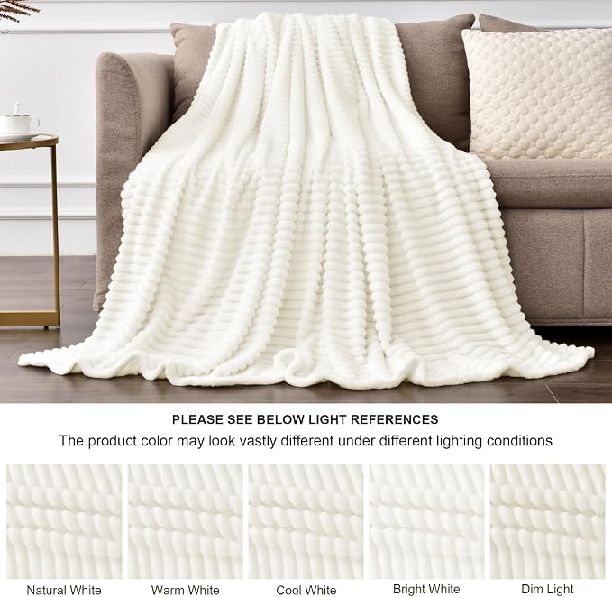 BEDELITE 3D Ribbed Jacquard Cream Blankets Queen Size for Bed, 90x90 Inch | Soft Warm Decorative Fluffy Blanket, Cozy Fuzzy Lightweight Plush Fleece Throw Blankets for Bed, Room Decor, Gift for Women