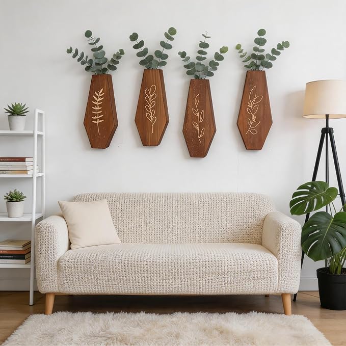 Wood Wall Vase 4 Pack, Modern Farmhouse & Boho Wall Decor Wooden Hanging Planter Set, Minimalist Mounted Vase for Living Room, Entryway, Hallway, Bathroom, Dining Room(Brown)