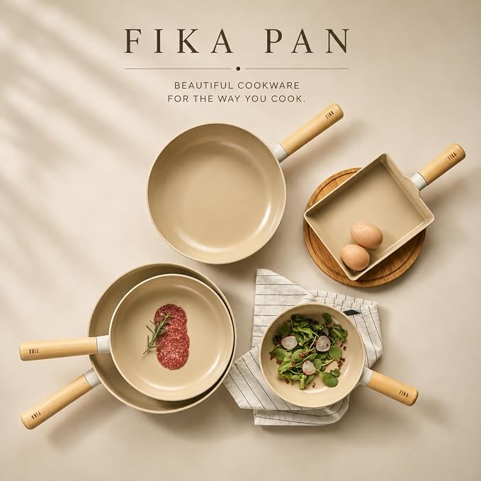 FIKA 9.5" Ceramic Coated Nonstick Frying Pan (24cm), Natural Wood Handle, Egg & Omelet Skillet for Sautéing and Everyday Cooking, All-Cooktop Compatible, Made in Korea