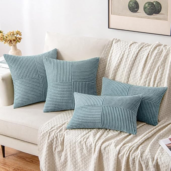 MIULEE Slate Blue Decorative Throw Pillow Covers for Couch 20x20 Inch | 2 Pack, Boho Farmhouse Pillow Covers, Soft Cross Corduroy Patchwork Textured Cushion Cases For Bed Sofa