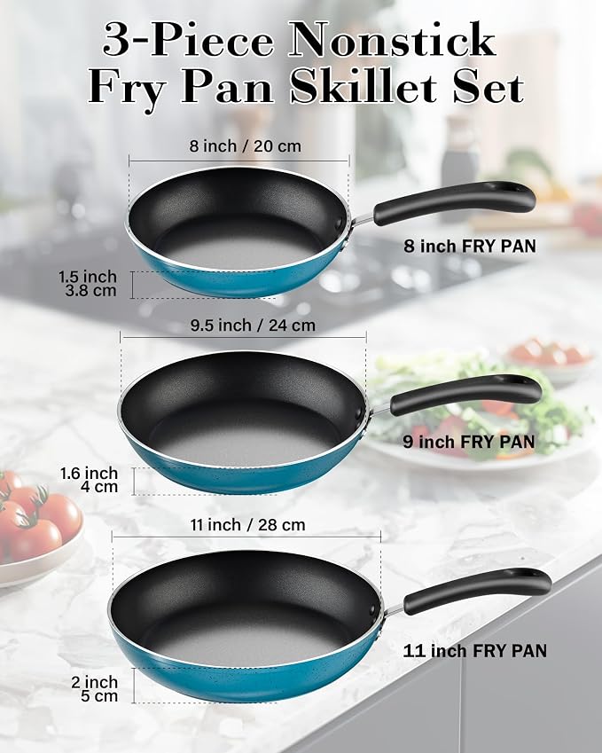 Cook N Home Professional 8/9.5/11 Inch Nonstick Frying Pan Set, Kitchen Cooking Skillets Saute Fry Pan, Induction Compatible, 3-Piece, Turquoise