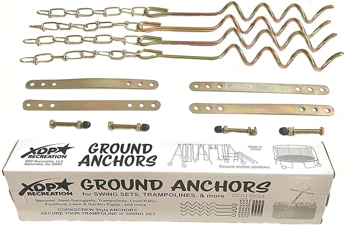 Metal Ground Anchor Kit - 4pcs Auger-Style 12 3/4" ea. All Hardware Included. Easy Assembly, Strong and Durable. for Backyard Swing Sets, Trampolines, Yard Furniture, by XDP Recreation a USA Company