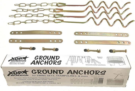 Metal Ground Anchor Kit - 4pcs Auger-Style 12 3/4" ea. All Hardware Included. Easy Assembly, Strong and Durable. for Backyard Swing Sets, Trampolines, Yard Furniture, by XDP Recreation a USA Company