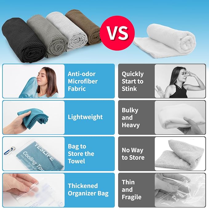 YESLIFE 4 Pack Cooling Towels (40"x12"), Gym Sweat Towels, Cooling Neck Wraps, Soft Breathable Microfiber Towels for Yoga, Running, Sport, Workout, Camping & More (Multicolor)